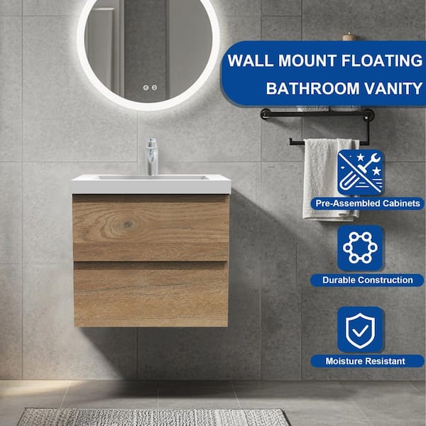 24 in. Wall-Mounted Floating Bath Vanity in Natural Oak with Single Solid Surface Sink Top in White