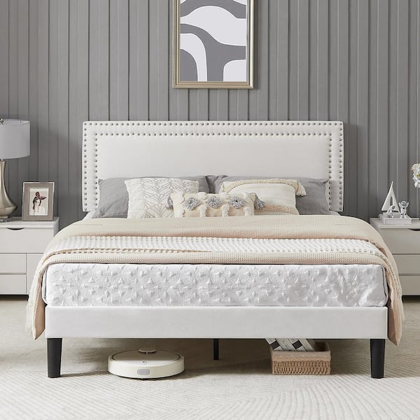 Velvet Upholstered Bed Frame White Frame Queen Platform Bed with Adjustable Headboard and Nailhead Trim