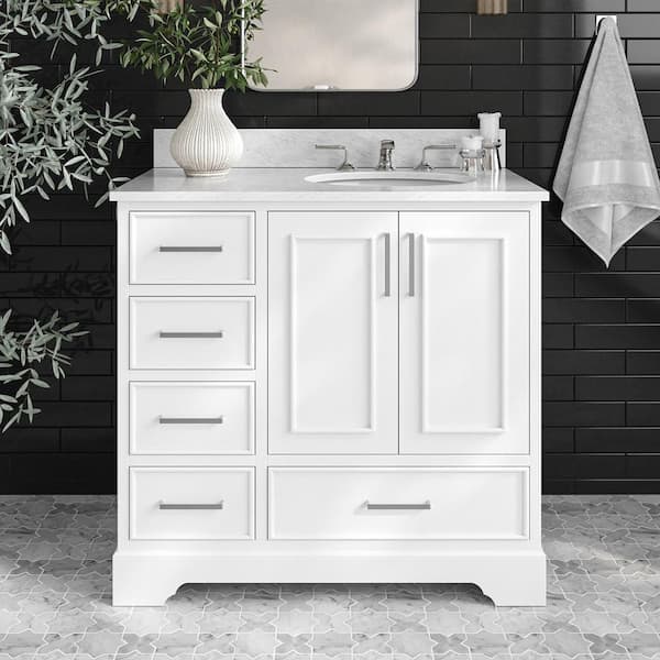 Stafford 36 in. W x 22 in. D x 35.25 in. H Right Single Sink Bath Vanity in White with Carrara White Marble Top