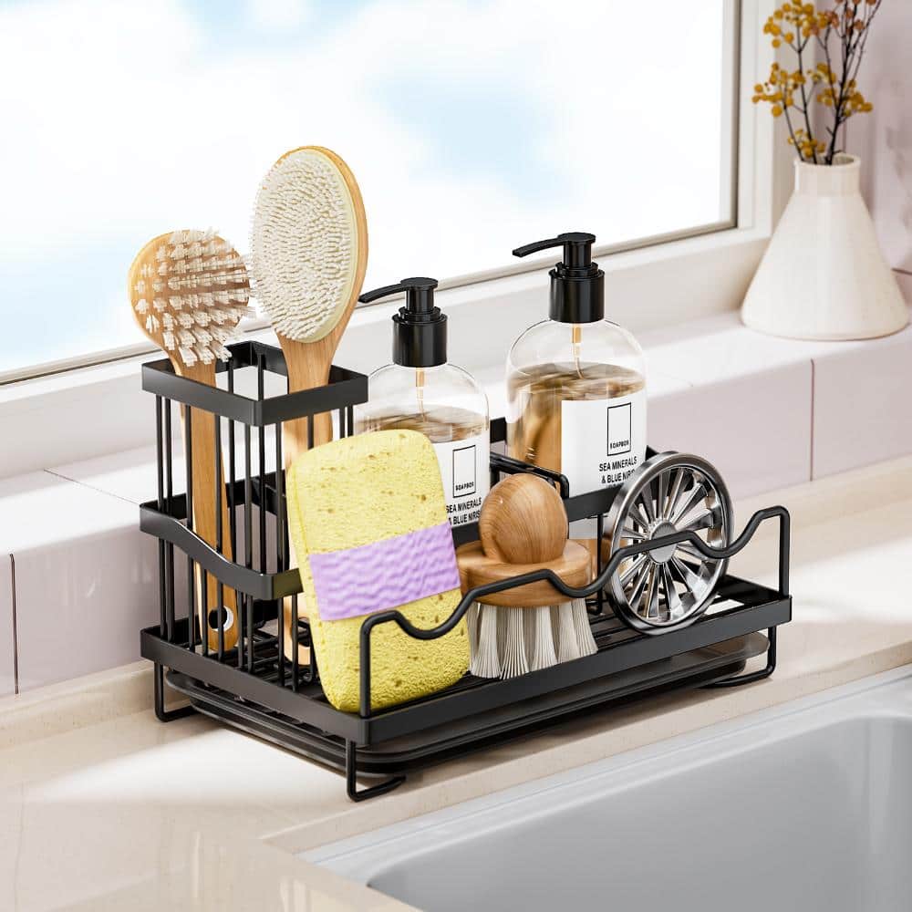 Sink Caddy Organizer with Brush Holder and Removable Drain Tray,Kitchen Countertop Sponge Holder with Divider