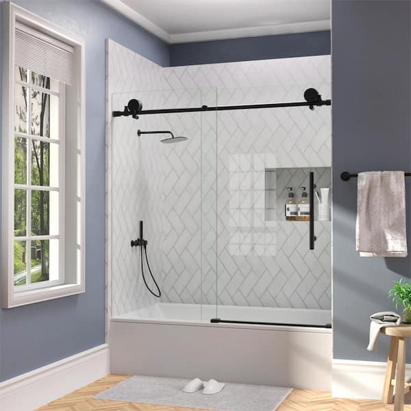 TaiMei Opal 60 in. W x 56 in. H Sliding Frameless Tub Door in Matte Black with Clear Glass and Handles
