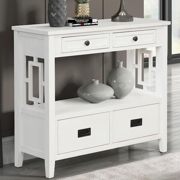 Retro Style White Solid Wood 36 in. Sideboard Console Table Sofa Table, Entryway Table with 4-Drawers and Storage Shelf