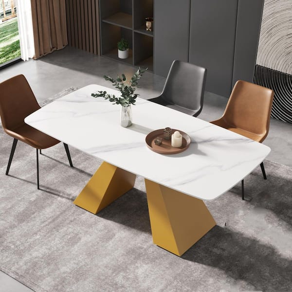 Magic Home 70.87 in. Rectangle White Round Edge Sintered Stone Top Gold Metal Pedestal Dining Table (Seats 6)