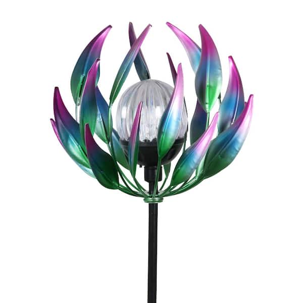 Exhart Solar Spinning Flower with LED Crackle Ball 3.48 ft. Blue Metal Garden Stake