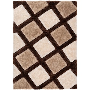 San Francisco Posh Brown Modern Geometric Trellis 5 ft. 3 in. x 7 ft. 3 in. 3D Carved Shag Area Rug