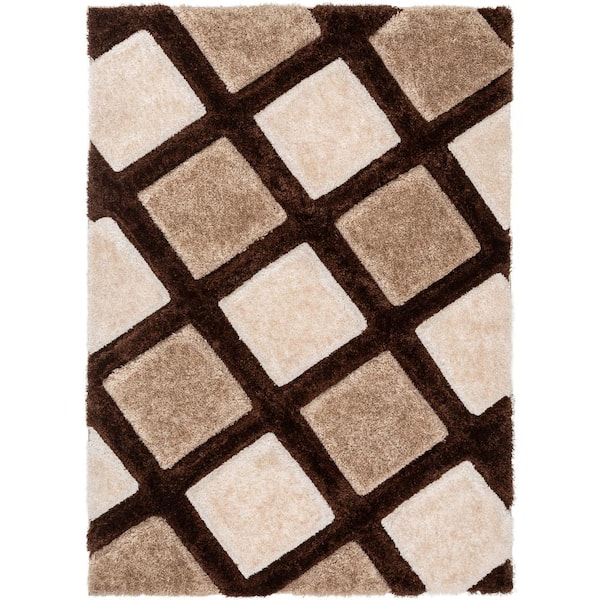 Well Woven San Francisco Posh Brown Modern Geometric Trellis 5 ft. 3 in. x 7 ft. 3 in. 3D Carved Shag Area Rug