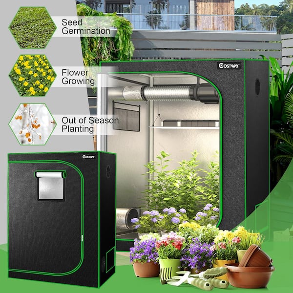 Costway 4 ft. x 2 ft. x 5 ft. Mylar Hydroponic Grow Tent with Observation Window Floor Tray Black J9DGW5DK