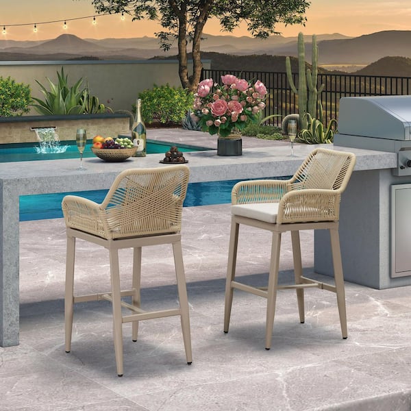 Modern Aluminum Rattan Bar Height Outdoor Bar Stool with Back and Beige Cushion (2-Pack)