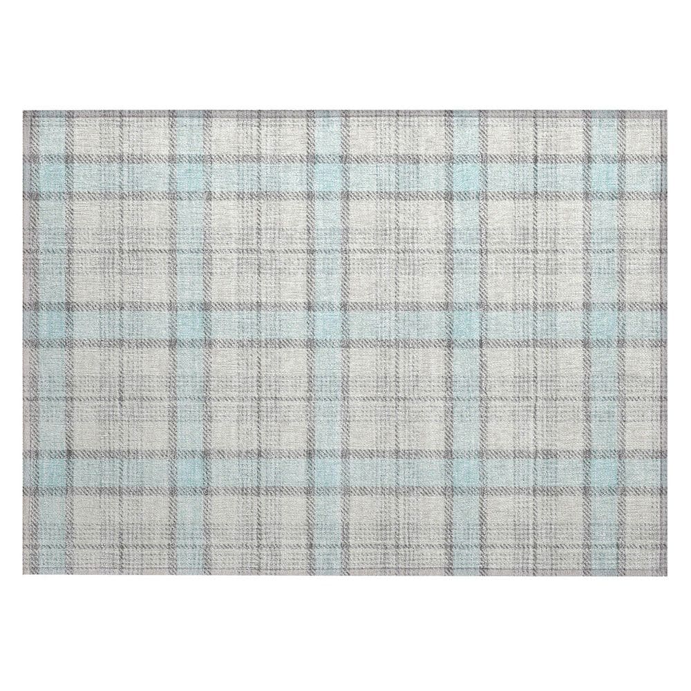 Sky Blue Plaid Machine Washable Synthetic Indoor/Outdoor Rug