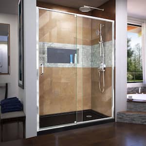 Flex 60 in. W x 32 in. D x 74.75 in. Framed Pivot Shower Door in Chrome with Right Drain Black Acrylic Base Kit