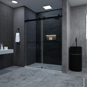 Aohl 60 in. W x 76 in. H Sliding Semi-Frameless Shower Door in Matte Black Finish with Clear Glass