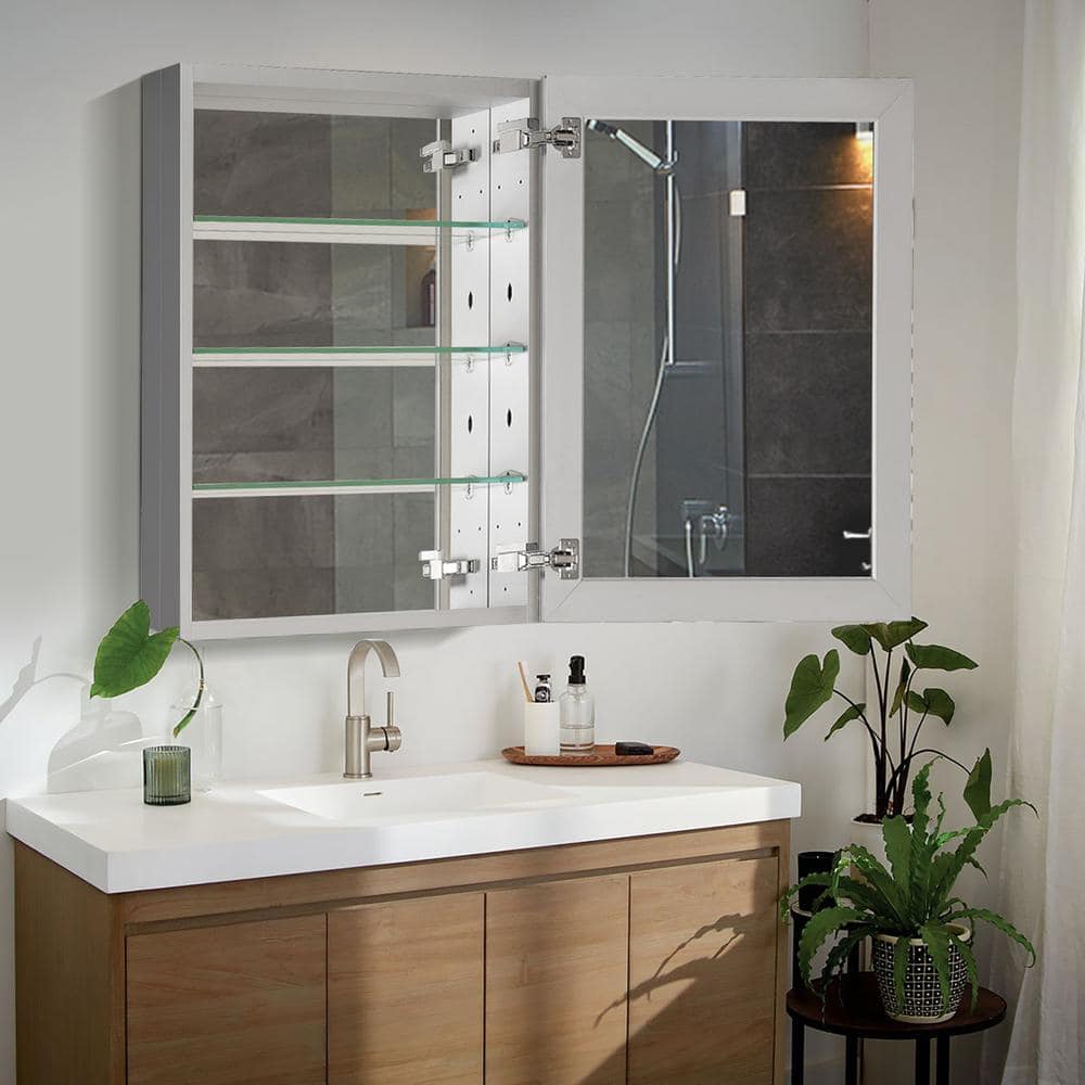 23 in. W x 30 in. H Satin Aluminum Recessed/Surface Mount Bathroom Medicine Cabinet with Mirror, 3 Glass shelves price history on PriceWatchPro