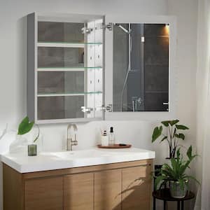 23 in. W x 30 in. H Satin Aluminum Recessed/Surface Mount Bathroom Medicine Cabinet with Mirror, 3 Glass shelves