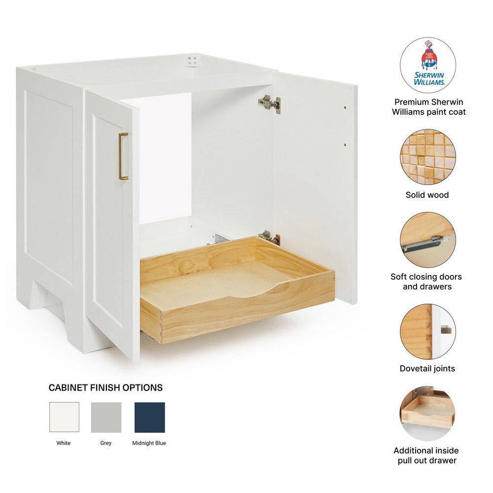 Taylor 30" White Freestanding Vanity Cabinet with Brass Hardware