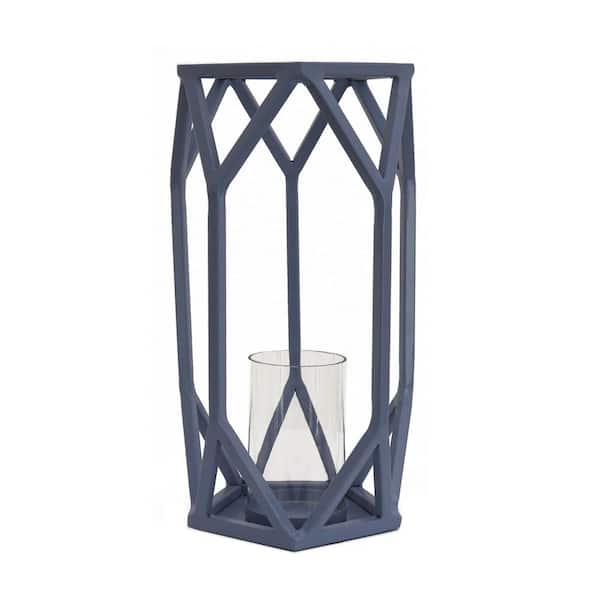 National Outdoor Living 14 in. Candle Lantern with Glass Chimney, Dusty Blue