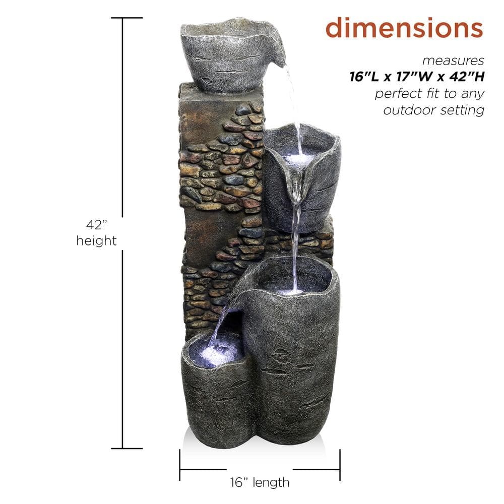 42" Gray Polyresin 4-Tier Outdoor Fountain with LED Lights