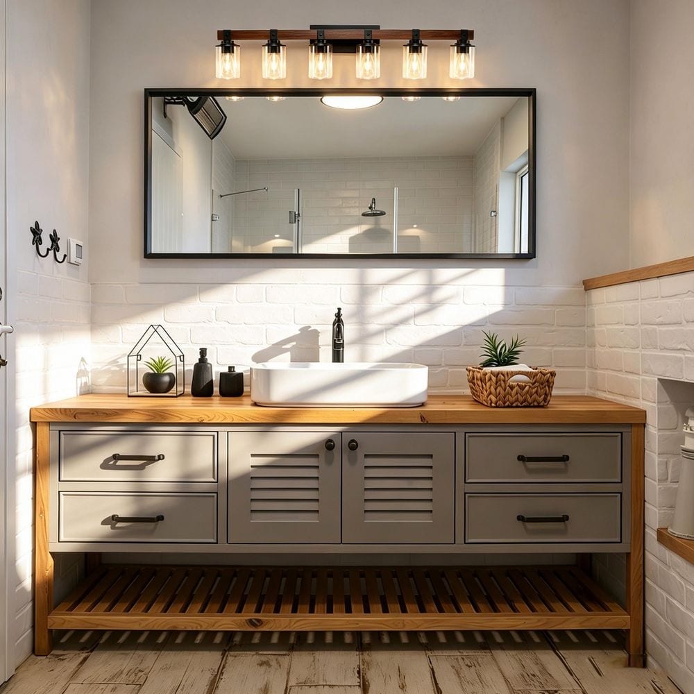 42.3 in. 6-Light Walnut Bathroom Vanity Light,Industrial Bathroom Wall Sconce with Glass Shades,Farmhouse Vanity Light price history on PriceWatchPro