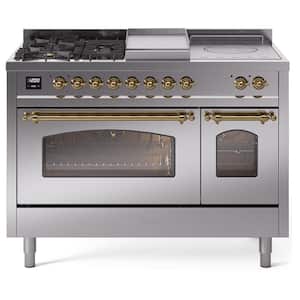 Nostalgie II 48 in. 5-Burner/Frenchtop/Griddle Freestanding Double Oven Dual Fuel Range in Stainless Steel with Brass