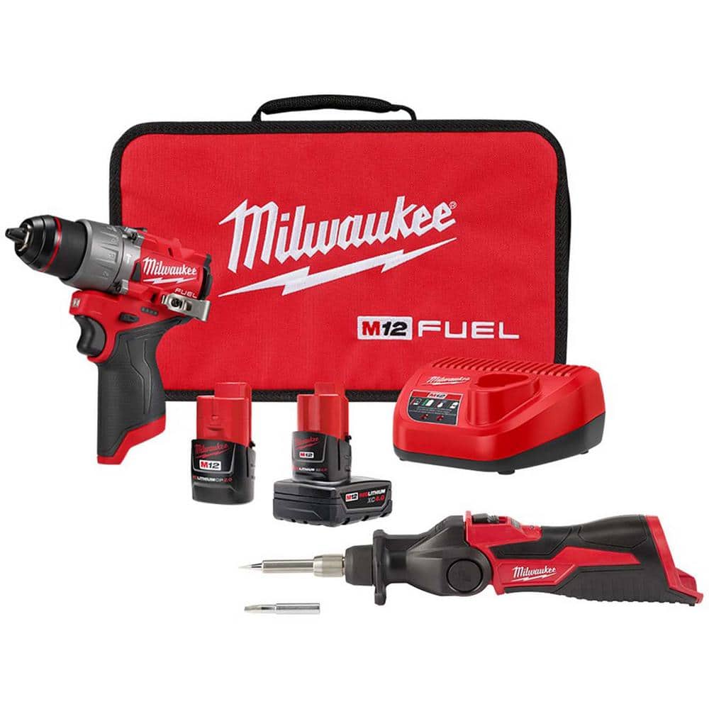 Milwaukee M12 FUEL 12V Lithium-Ion Brushless Cordless 1/2 in. Hammer Drill Kit w/M12 Soldering Iron