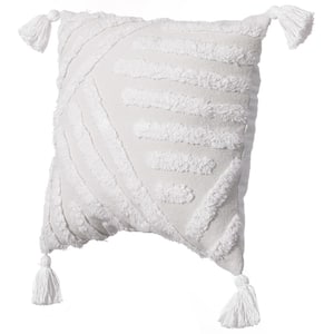 16 in. x 16 in. White Handwoven Cotton Throw Pillow Cover with White Tufted Line Pattern and Tassel Corners