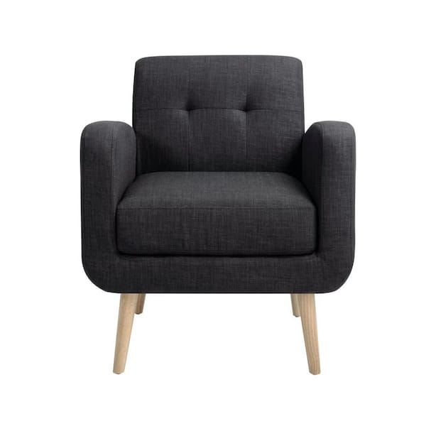 Black Mid-Century Modern Fabric Accent Armchair Single Sofa with Rubber Wood Legs Linen Upholstery for Living Room