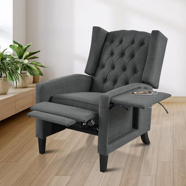 Esme Dark Gray Polyester Manual Adjustable Wingback Recliner Chair with Foldable Side Table and USB Charge Port