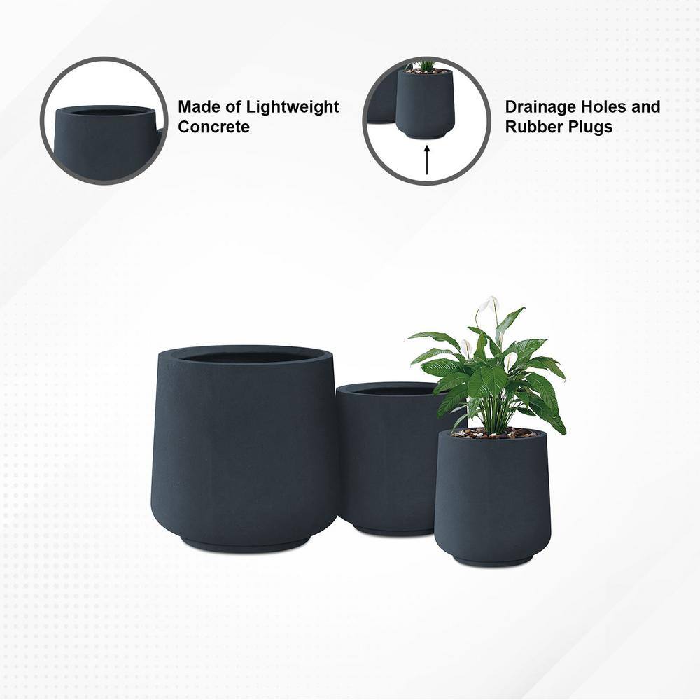 Kante Charcoal Concrete Round Planters with Drainage Holes Set