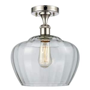 Fenton 11 in. 1-Light Polished Nickel Semi-Flush Mount with Clear Glass Shade
