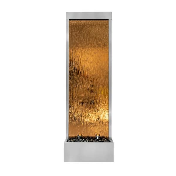 68 in. H Bronze Freestanding Waterfall Fountain w/ Decorative Rocks LED, Stainless Steel Silver Frame /Bronze Glass