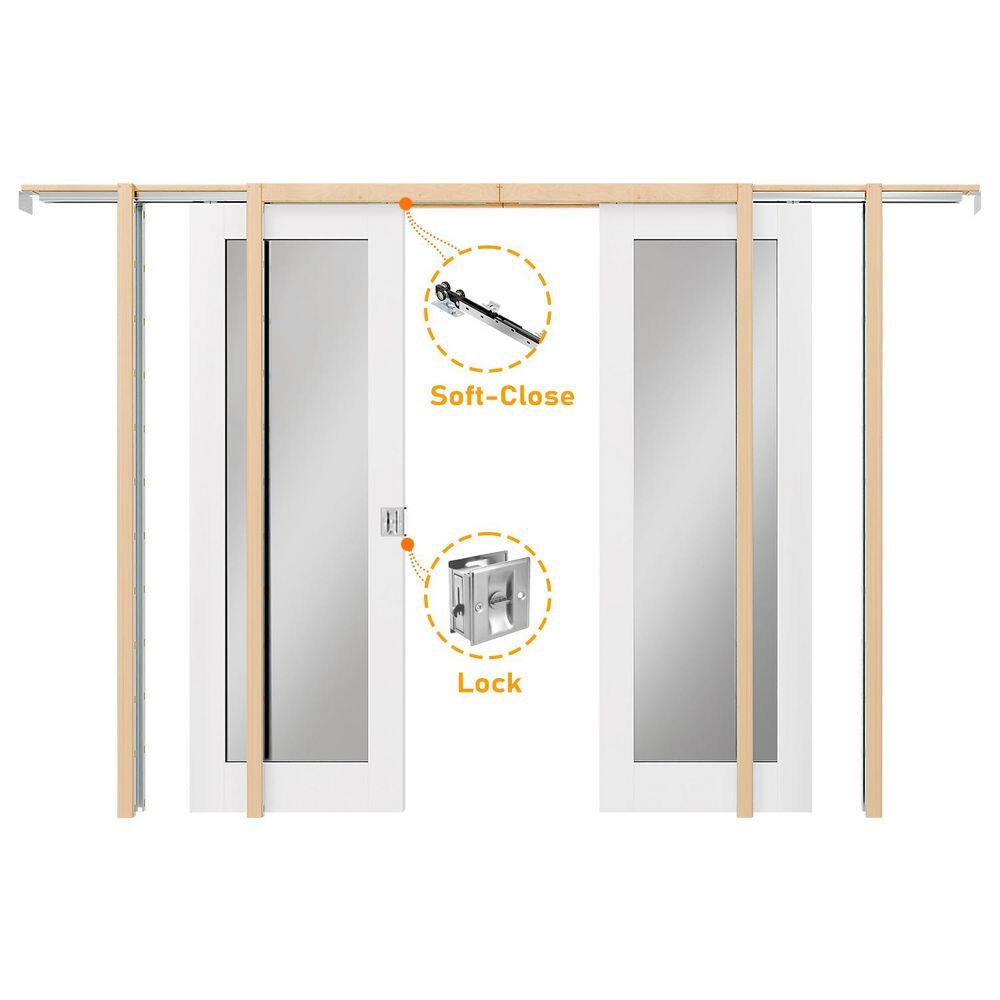 64 in. x 80 in. Full Lite Mirrored Glass White Primed Solid Wood Pocket Door with Lock, Soft Close, Frame and Hardware price history on PriceWatchPro