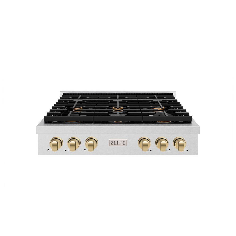 36 in. Autograph Edition Paramount Gas Rangetop with 6 Burners in Satin Steel with Champagne Bronze Accents