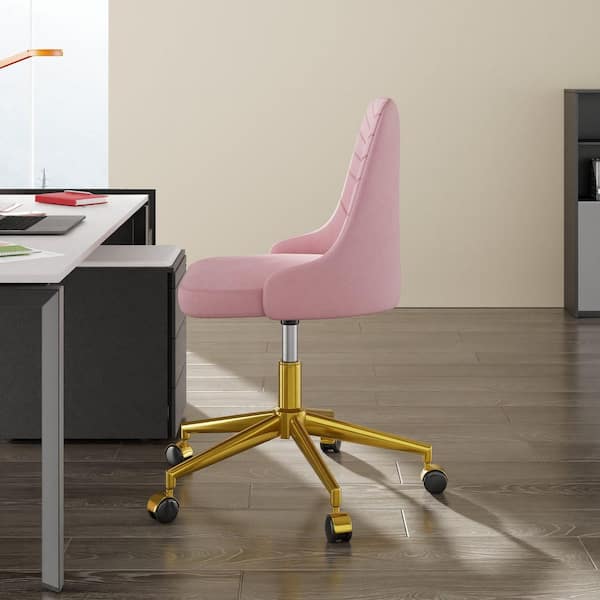 Height-Adjustable Velvet Rolling Ergonomic Office Task Chair in Pink with 360° Swivel, Desk Chair for or Makeup Armless