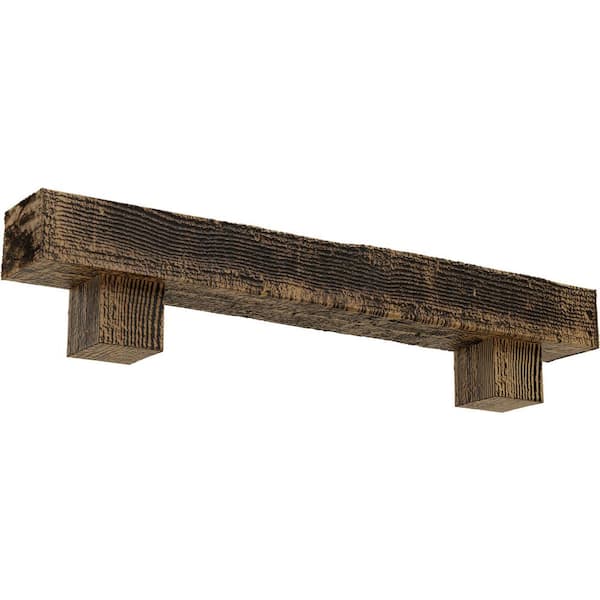 Ekena Millwork 8 in. x 10 in. x 3 ft. Rough Sawn Faux Wood Fireplace Mantel Kit with Alamo Corbels, Natural Golden Oak