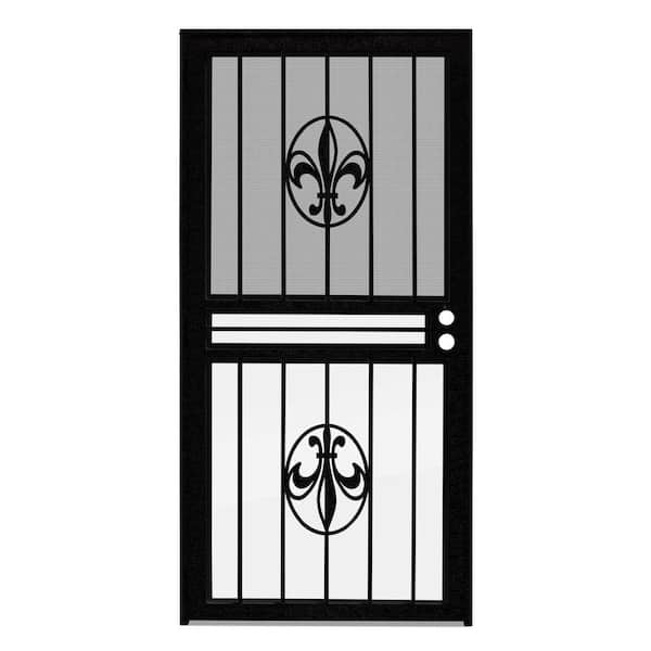 Unique Home Designs 30 in. x 80 in. Fleur de Lis Black Recessed Mount All Season Security Door with Insect Screen and Glass Inserts