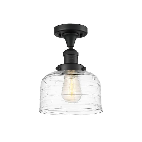 Innovations Bell 8 in. 1-Light Matte Black Industrial Semi-Flush Mount with Clear Glass Shade