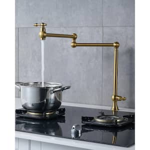 Brushed Gold Deck Mounted Pot Filler with Double Handle Swing Folding Faucet in Solid Brass
