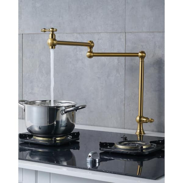 Deck Mounted Brass Pot Filler Folding Faucet Over Stove with Double Handle Swing Arms in Brushed Gold