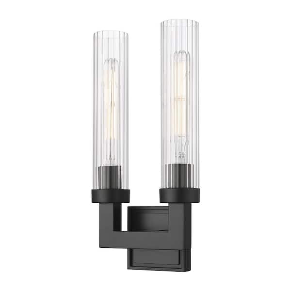 Unbranded Beau 16.75 in. Matte Black 2 Light Wall Sconce with Clear Ribbed Glass Shade