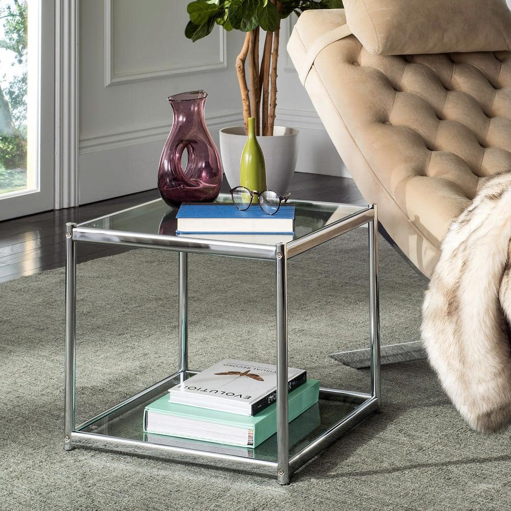 20" Square Chrome & Glass Transitional End Table