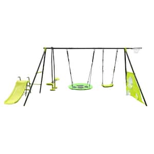 Six Function Metal Outdoor Swing Set with Slide, Basketball Hoop