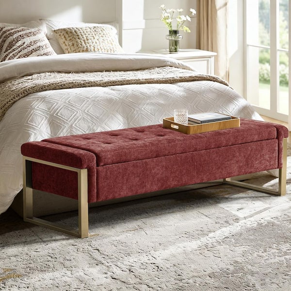 Alina 55.3 W Rosewood Modern Upholstered Flip Top Storage Bench with Metal Legs