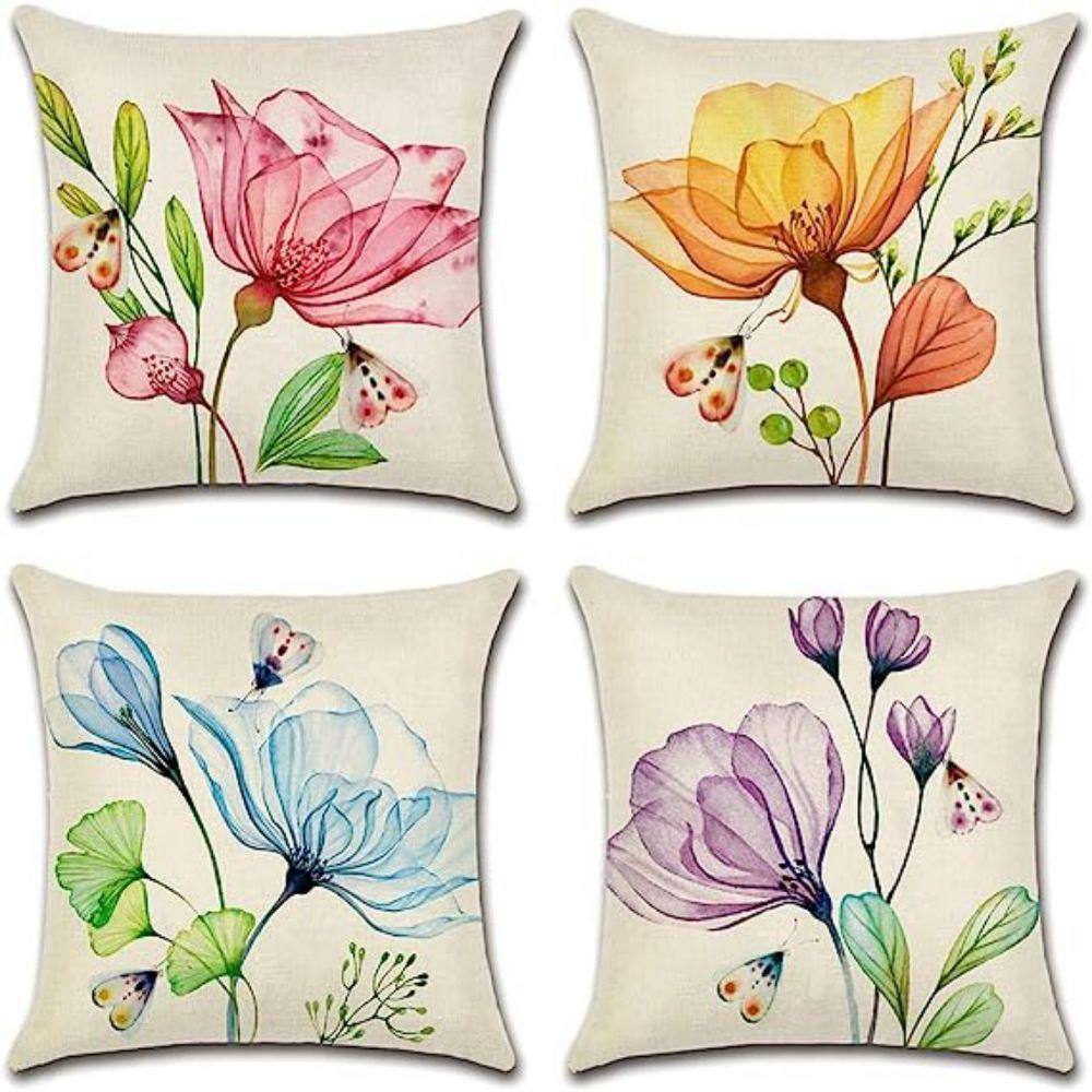 Outdoor Set of 4 Waterproof Throw Pillow Covers 18x18 Inches, Flowers and B