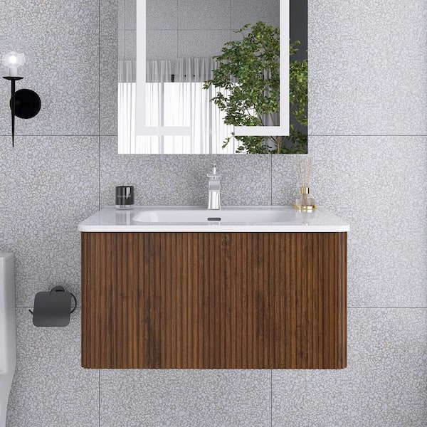 JimsMaison 30 in. W x 18 in. D x 16 in. H Single Sink Freestanding Bath Vanity in Black Walnut with White Ceramic Top