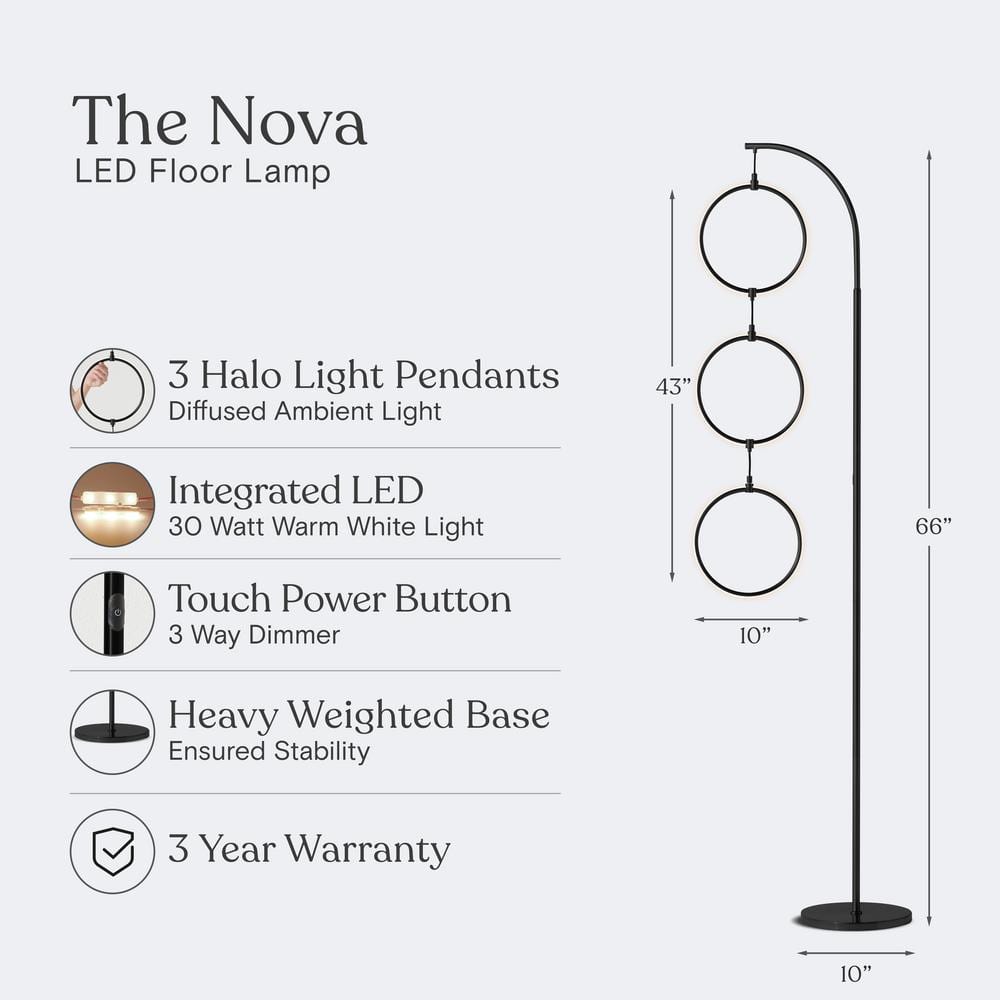Nova 74" Black LED Arc Floor Lamp with 3 Rings