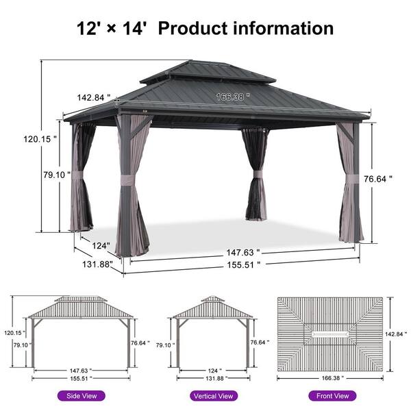 PURPLE LEAF 12 ft. x 14 ft. Gray Aluminum Hardtop Gazebo Canopy