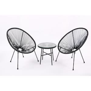 3 Piece Black Metal Rattan Patio Conversation Set with Coffee Table for Garden, Backyard, Balcony or Poolside