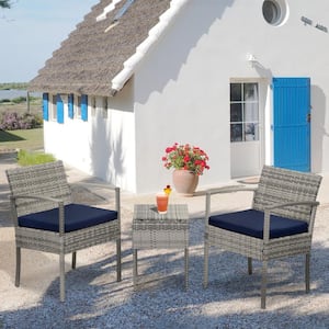 3-Piece Rattan Wicker Patio Conversation Set Outdoor Table and Chairs with Blue Cushions
