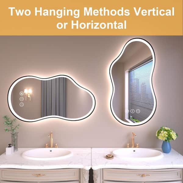 24 in. W x 36 in. H Irregular Black Framed Anti-Fog 3-Colors Dimmable LED Light Wall Bathroom Vanity Mirror with Memory