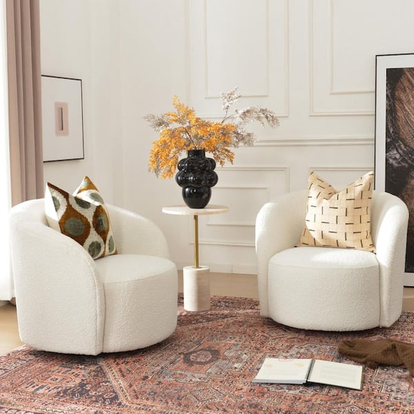 34 in. W Beige Boucle Upholstered Barrel Chair with Swivel (Set of 2)