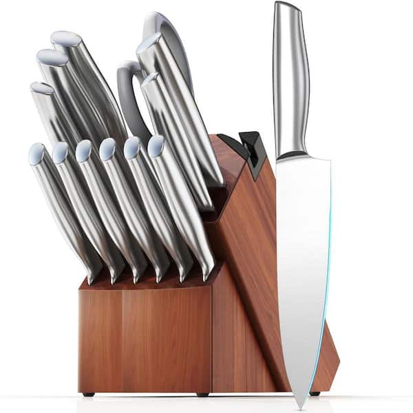 14-Piece High Carbon Stainless Steel Japanese Knife Set Built-in Sharpener and Wood Block in Cherry Red